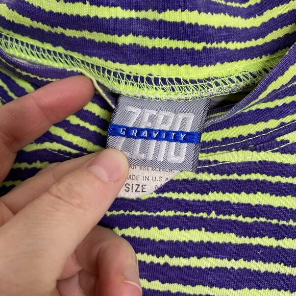 Vintage 80s 90s Zero Gravity Purple Green Striped High Low T Shirt M - Picture 2 of 4